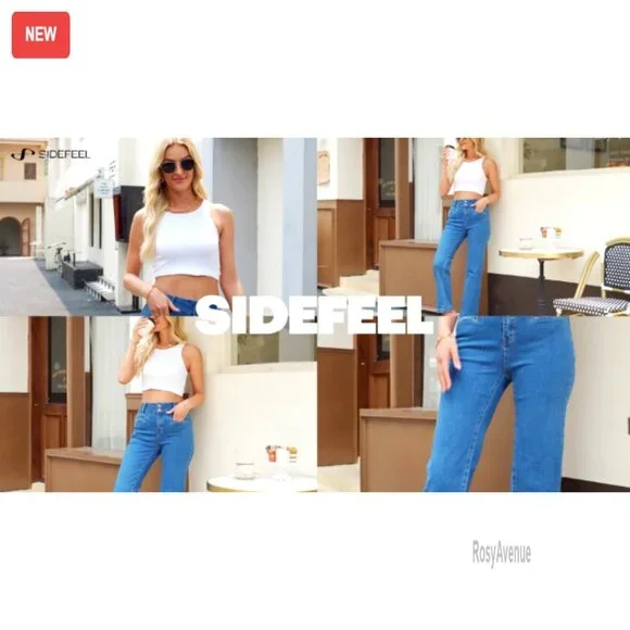 High Waisted Straight Leg Stretchy Jeans Wide Leg Denim Pants